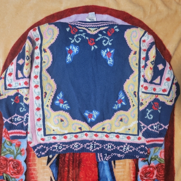Vintage Sweater Cardigan Oversized Bohemian Colligate Style Blue Pink Yellow M - Picture 7 of 12